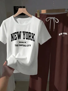 SHEIN Essnce 女款字母印花圓領短袖T恤與抽繩腰長褲休閒套裝 - 棕色 - 查看 3