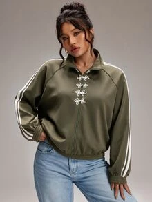 SHEIN BASICS Jaket Lengan Panjang Kasual Serbaguna Motif Blok Warna untuk Wanita Ukuran Plus - Hijau Tentara - View 4