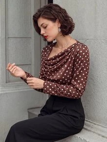 Editum قميص نسائي بني وأبيض بنقاط بولكا بياقة غير متماثلة وأكمام طويلة عشاء مكتب عتيق أنيق شتاء/خريف عيد الميلاد - قهوة بني - مشاهدة 5