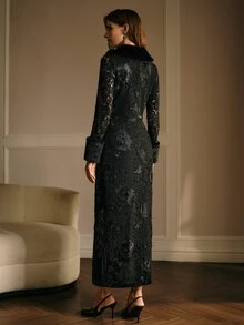 MOTF PREMIUM WOMEN'S ELEGANT LACE PATCHWORK FUR COLLAR LONG DRESS - Black - View 5