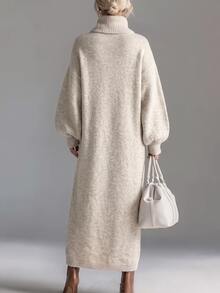 Breezaya Women's Solid Color High Neck Casual Daily Wear Knitted Dress - Grey - View 2