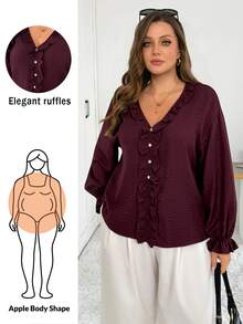 Shapeblank Women's Plus-Size Spring/Autumn Fashionable, Casual, Loose, And Comfortable Everyday Blouse – V-Neck, Long-Sleeve, Ruffled, Burgundy-Purple,Outfits - Red Violet - View 1