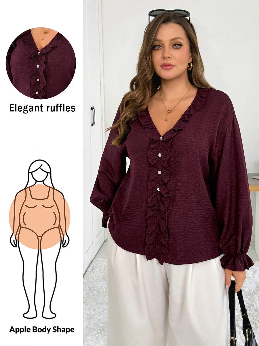 Shapeblank Women's Plus-Size Spring/Autumn Fashionable, Casual, Loose, And Comfortable Everyday Blouse – V-Neck, Long-Sleeve, Ruffled, Burgundy-Purple,Outfits - Red Violet - View 1