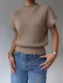 Aloruh 女款休閒通勤簡約純色漏斗領蝙蝠袖寬下擺針織上衣 - 駝色 - 查看 5