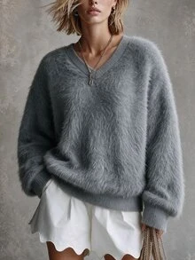 Penseblé Women's Solid Color V-Neck Casual Daily Long Sleeve Sweater - Grey - View 3
