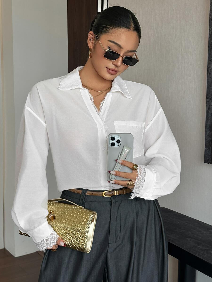 Dazy Plus Fun & Chic Commuter Office Wear Lace Patchwork Loose Long Sleeve Urban Casual White Shirt - White - View 1
