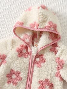Cozy Pixies 新生兒嬰兒睡衣 粉色花卉毛絨加厚連帽長袖冬季連身衣，百搭舒適 - 粉色 - 查看 4