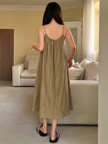 DAZY 女款休閒百褶細肩帶中長洋裝，夏季居家休閒睡裙 - 卡其色 - 查看 2