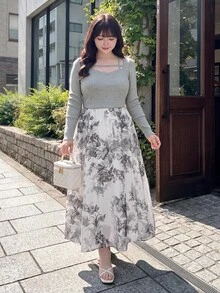 Bijouette Limited Edition Plus Size Colorblock Ink Wash Print Chiffon Dress, French Elegant Patchwork Design; Slim Fit Elastic Fabric Skirt, Sage Green Fall - Grey - View 6