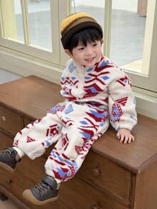 Dazy Kids Baby Boy Geometric Pattern Zipper Half-Placket Sweatshirt And Pants Casual Set - Apricot - View 8