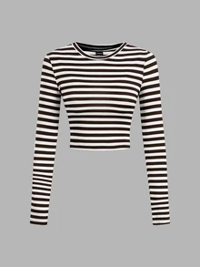 SHEIN EZwear 2件裝休閒簡約條紋圓領修身短版長袖女款T恤 - 彩色 - 查看 4