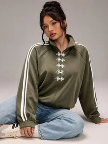 SHEIN BASICS Jaket Lengan Panjang Kasual Serbaguna Motif Blok Warna untuk Wanita Ukuran Plus - Hijau Tentara - View 2