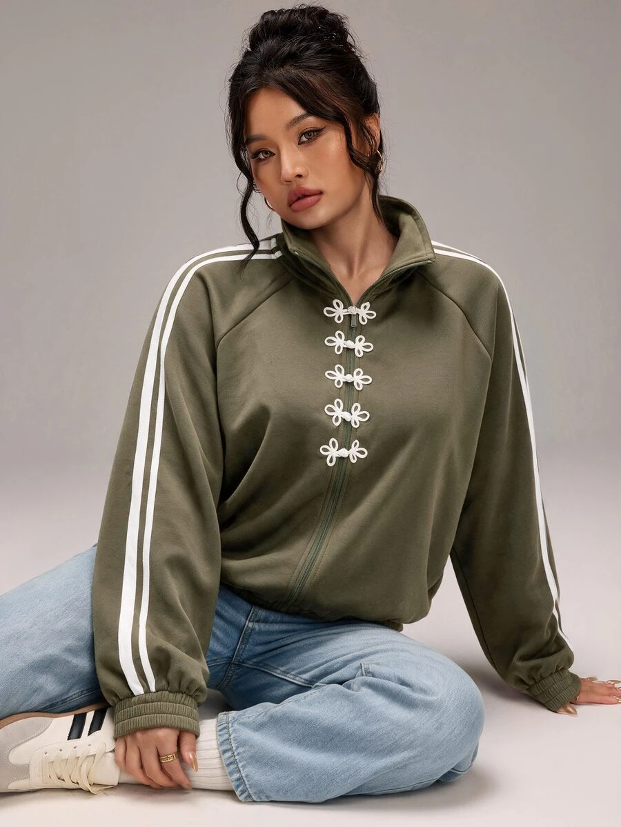 SHEIN BASICS 大尺碼女款拼色休閒百搭長袖夾克 - 軍綠色 - 查看 1