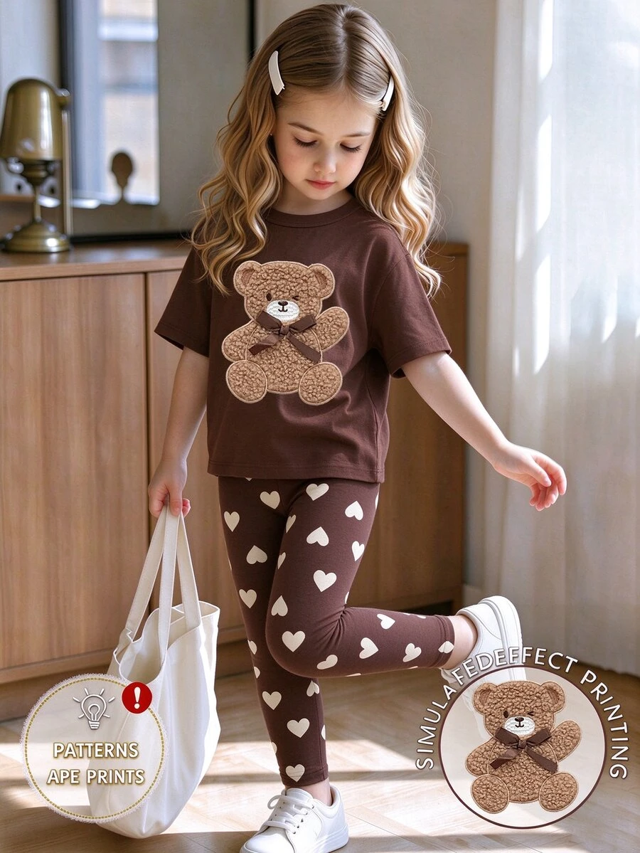 (1 Set) Young Girls Summer Autumn Casual Fresh Cute Cartoon Bear Bow ...