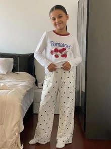 Hapijoa 對比色圓領圖案印花休閒女款家居服 T-shirt 套裝 (大號) - 黑與白 - 查看 4