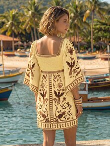 CAJUNI Women's All-Over Print Square Neck Casual Daily Summer Mini Dress - Light Yellow - View 2