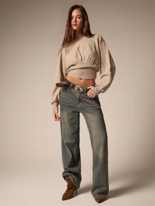 Athîral Fitted Cinched Waist Balloon Batwing Sleeve Knit Sweater Winter Night Out Going Out Streetwear Cute - Khaki - View 2