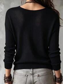 Linhara Women's Solid Color Deep V-Neck Casual Versatile Daily Long Sleeve Plus Size Sweater Winter - Black - View 2