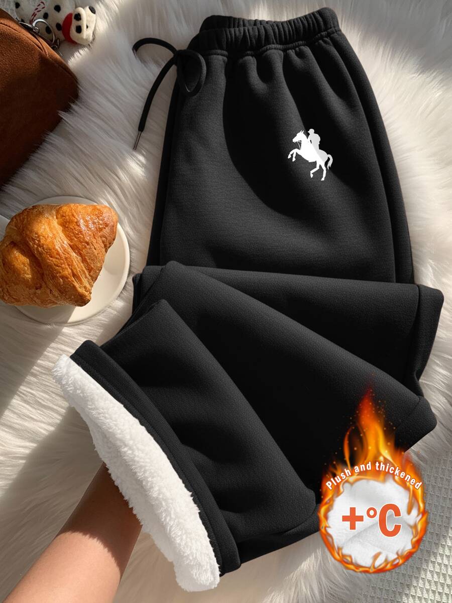 SHEIN EZwear 女款秋冬保暖內裡寬鬆休閒運動長褲,適合日常穿著,開學季適用 - 黑色 - 查看 1