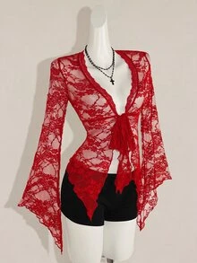 SHEIN ICON 女款時尚黑色V領蕾絲上衣，飄逸喇叭袖性感上衣 - 紅色 - 查看 7