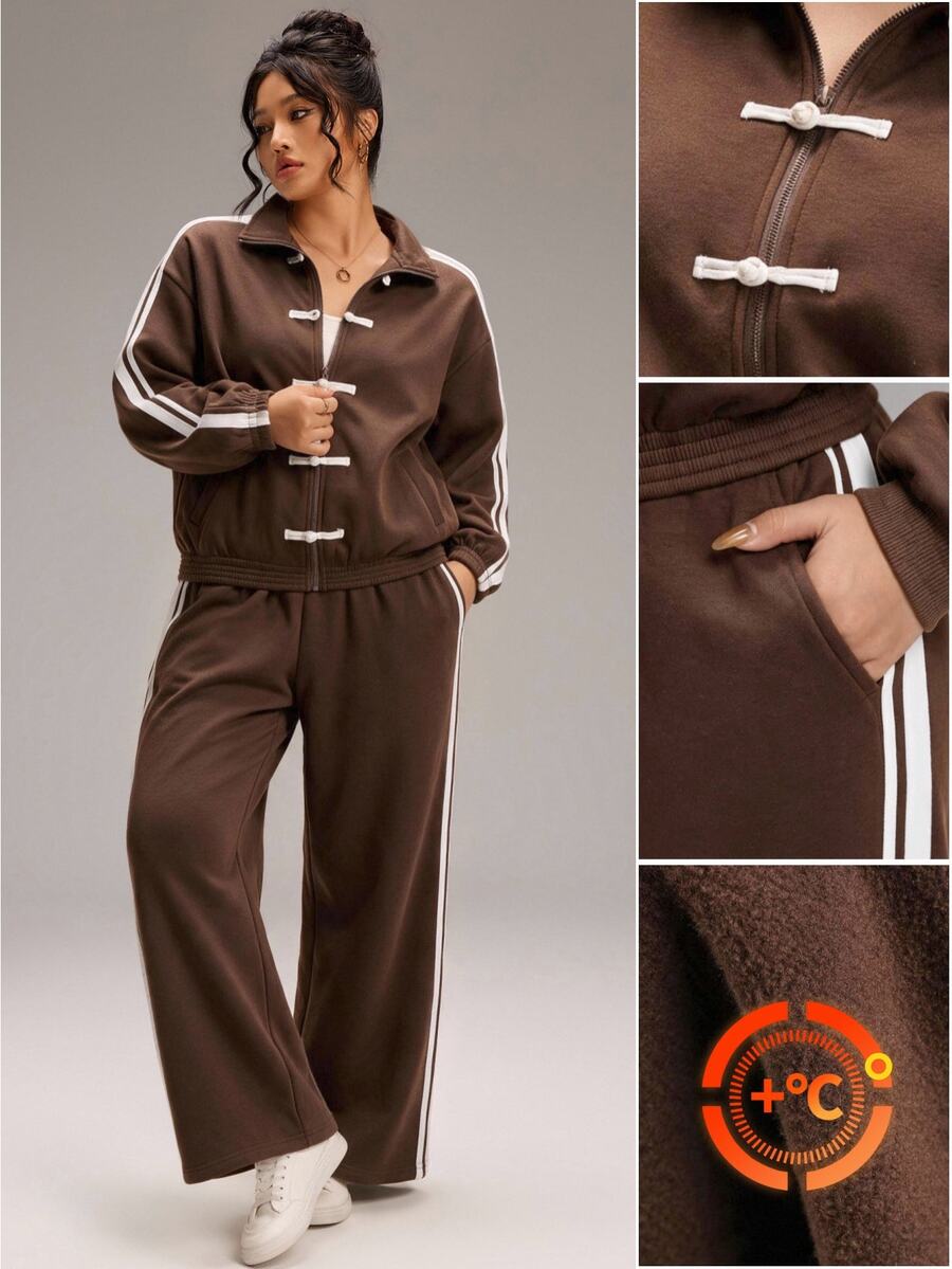 SHEIN BASICS Plus Size Frog Button Long Sleeve Jacket And Striped Pants With Pockets 2 Pieces Set - Brown - View 1