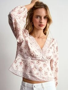 Willow Rêve Women's Cream Floral Lace Patchwork Puff Long Sleeve Top - Cream - View 5
