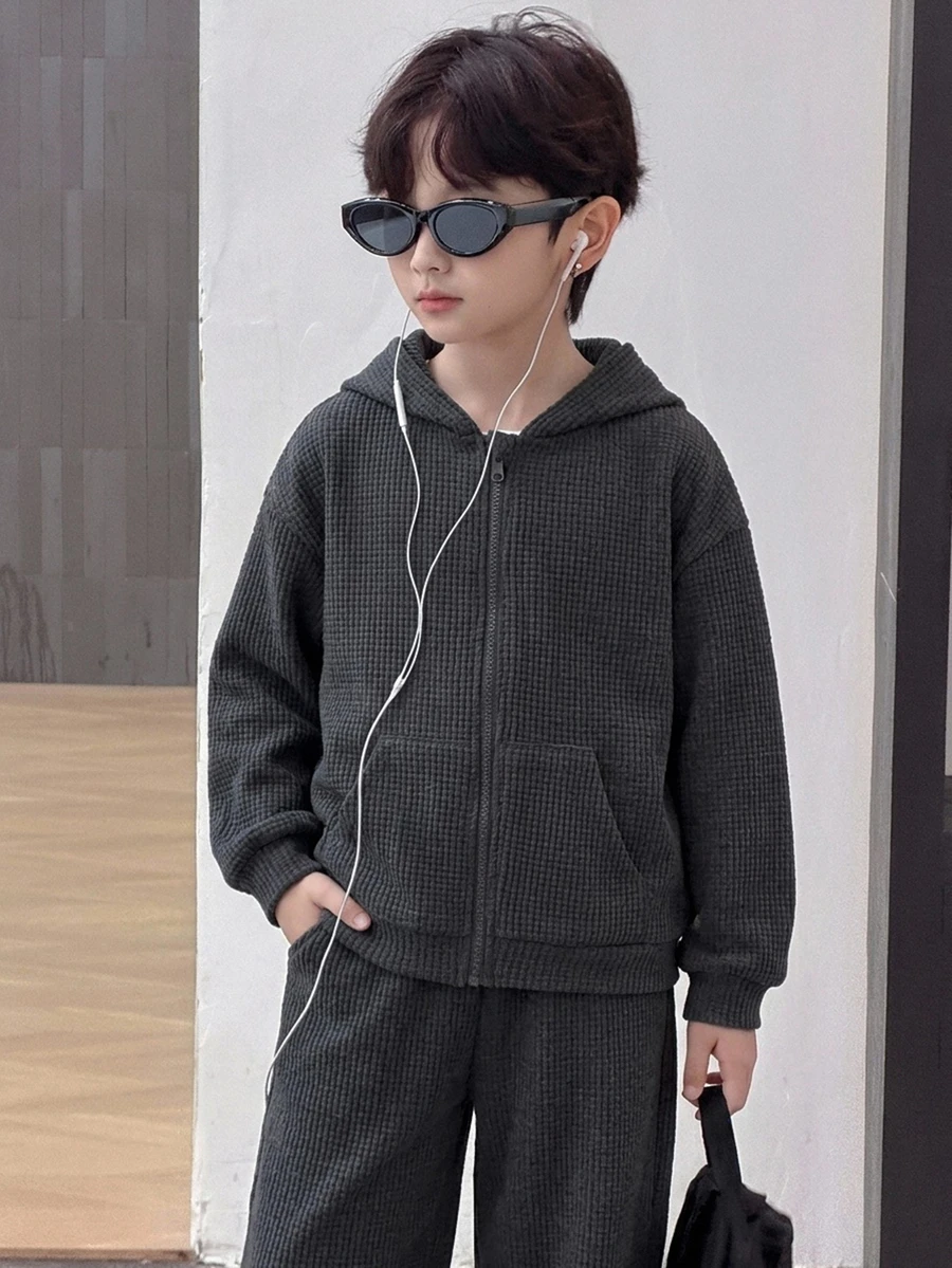 Dazy Kids Setelan Kasual Anak Laki-Laki Remaja: Jaket Sweatshirt Lengan Panjang dengan Resleting dan Celana Panjang, Model Bahu Longgar, dan Hoodie. - Dark Grey - View 1