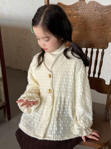 Dazy Kids Young Girl Textured V-Neck Button Design Long Sleeve Shirt - Beige - View 4