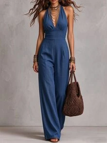 Trelyra Jumpsuit Halter Ikat Kasual Ukuran Besar - Biru - View 3