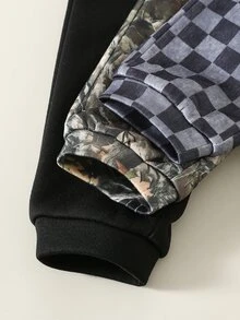 SHEIN 3件組男嬰秋冬裝飾編織標籤鬆緊腰慢跑長褲套裝，迷彩長褲，嬰兒基本運動長褲多件組 - 彩色 - 查看 4