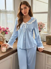 Snug Reverie Women's Sweet Cute Peter Collar Ruffle Bow Cardigan Loungewear Set, Spring/Autumn - Baby Blue - View 6
