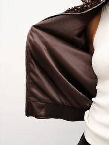 Maija Jaket Wanita Berpayet Bergaris Warna Blok dengan Resleting - Coklat - View 7