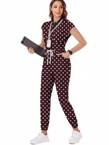 TaskEZ Polka Dot Print Scrub Jumpsuit, Women's Nurse Scrub Uniform, Surgical Scrub, Healthcare Professional Scrub Uniform, Matte Print Jumpsuit With Shoulder Sleeves, 4 Pockets And Waist Drawstring - Multicolor - View 8