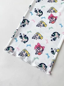 THE POWERPUFF GIRLS X SHEIN Set Piyama Rumahan Anak Perempuan Remaja Lucu Manis Minimalis Motif Kartun Warna-warni Leher Bulat Lengan Panjang Berkerut Celana Panjang Lembut Nyaman 2 Potong - MultiWarna - View 4