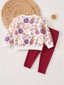 Cozy Pixies 女嬰花卉印花長袖秋冬衛衣與內搭褲套裝 - 彩色 - 查看 2