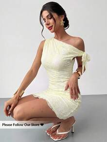 Firerie 女款夏季新款花卉不對稱肩領口性感浪漫優雅婚禮迷你洋裝，網紗洋裝，春季服飾，海灘夜生活白色 - 淡黃色 - 查看 3