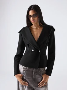 LYSMO Women's Solid Color Double-Breasted Long Sleeve Casual Blazer - Black - View 1