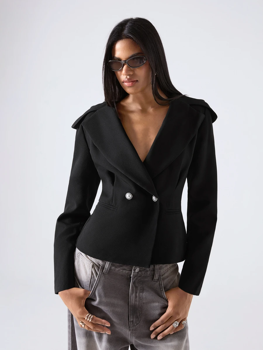 LYSMO Women's Solid Color Double-Breasted Long Sleeve Casual Blazer - Black - View 1