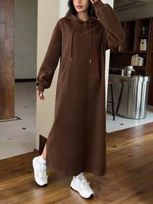 SHEIN EZwear Gray Casual Long Hooded Sweatshirt, Autumn/Winter,Long Sleeve Tops - Brown - View 5