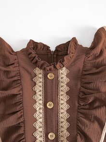 SHEIN Tween Girl Woven Contrast Color Lace Ruffle Collar Casual Dress - Coffee - View 7