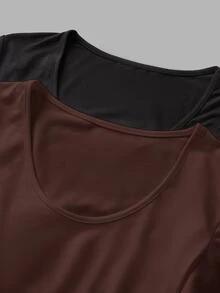 SHEIN SXY 2pcs Women's Casual Minimalist Modest Basic Solid Color Cropped T-Shirt, Autumn Basic Tees Gym Black White - Coffee Brown - View 3
