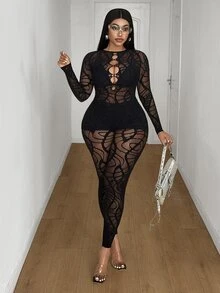 Maweii Plus Size Women's Mesh Patchwork Sexy Casual Tight Jumpsuit - Black - View 4