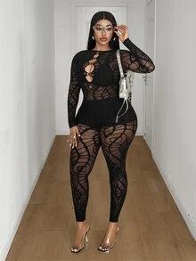 Maweii Plus Size Women's Mesh Patchwork Sexy Casual Tight Jumpsuit - Black - View 1