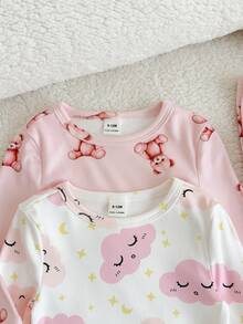 Cozy Pixies 2套甜美卡通雲朵與熊圖案女嬰貼身居家服 - 粉色 - 查看 3