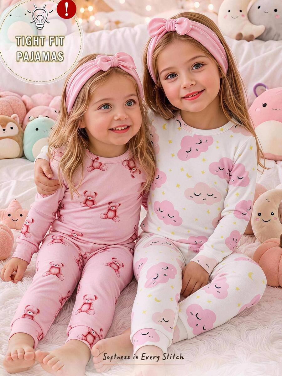 Cozy Pixies 2套甜美卡通雲朵與熊圖案女嬰貼身居家服 - 粉色 - 查看 1