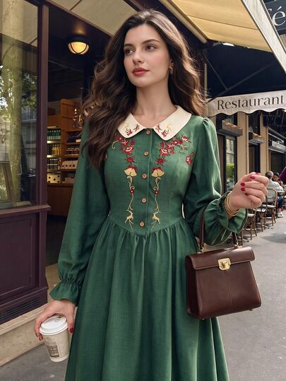 Vintamour Vintage elegantné dámske dlhé šaty s vreckami, farebným blokovým patchworkom, kvetinovou výšivkou, gombíkmi a golierom Peter Pan, na sviatočnú párty a bežné nosenie, jeseň/zima
