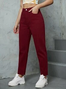 Jeanoix 女款休閒日常牛仔褲，附口袋與鈕扣設計 - 酒紅色 - 查看 3