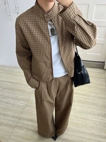 Livesso Autumn/Winter Coffee Brown Round Neck Long Sleeve Slim Fit Waist Top With High Waist Loose Wide Leg Pants Women 2 Pieces Set - Coffee Brown - View 3