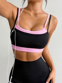 Dewbera Dewbera 1pc Black Pink Contrast Fake TwoPiece Sports Bra, Adjustable Straps, Slim Fit, Suitable For Yoga, Workout, Fitness, Summer - Black - View 6