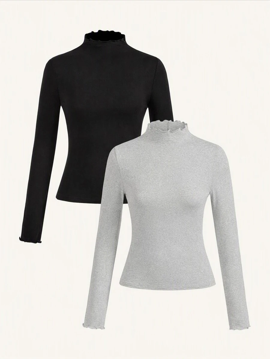 SHEIN EZwear 2件組女款純色立領長袖休閒百搭T恤 - 彩色 - 查看 1